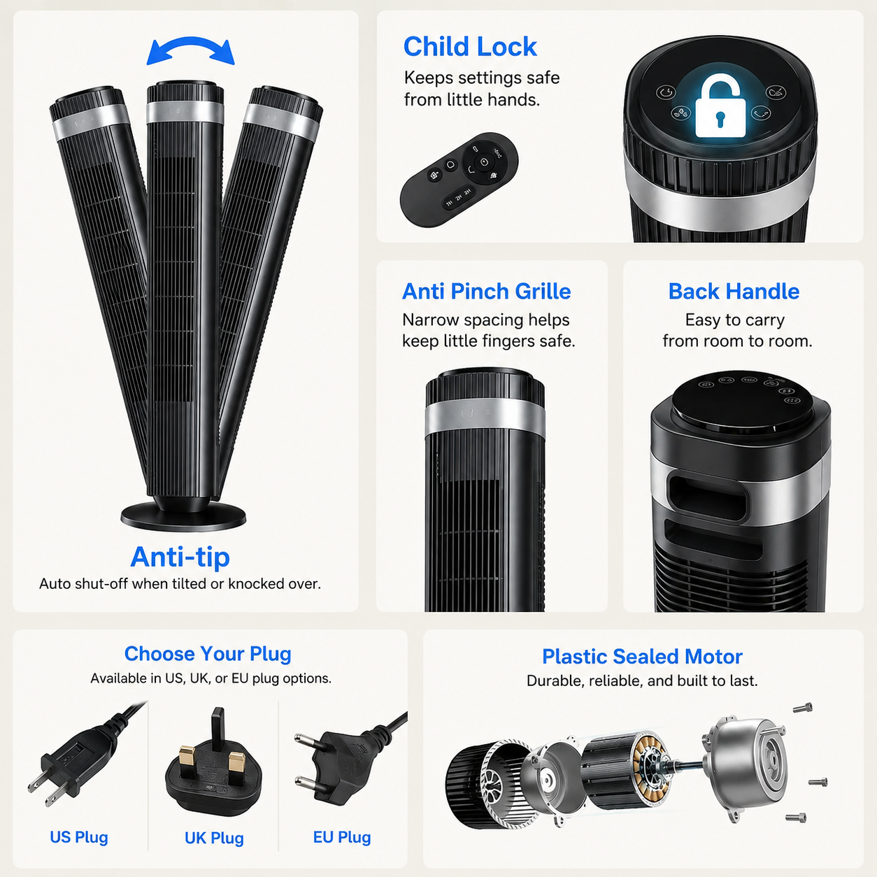Tower Fan for Bedroom, 28dB Silent, 12H Timer, Smart Auto, 64° Osc., Bladeless, Remote