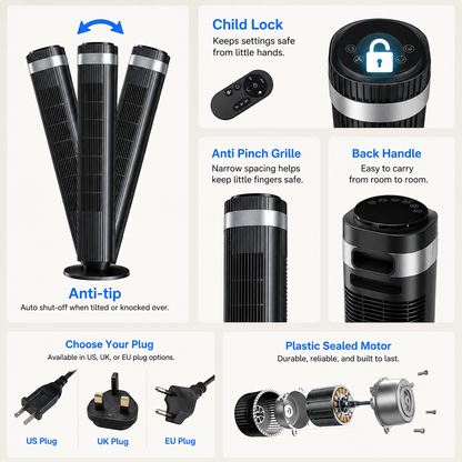 Tower Fan for Bedroom, 28dB Silent, 12H Timer, Smart Auto, 64° Osc., Bladeless, Remote